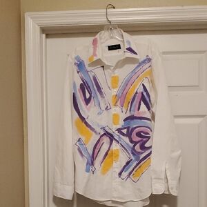 Hand-Painted White Cotton Blouse with Purple & Yellow Brushstroke Print